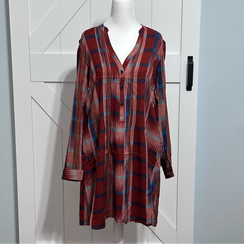 Anthropologie Red and Blue Plaid Long Sleeve Dress